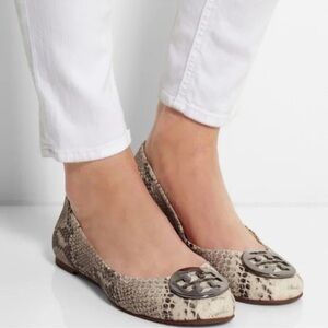 Tory Burch Brown Cream Leather Roccio Python Reva Ballet Flats Goldtone Logo